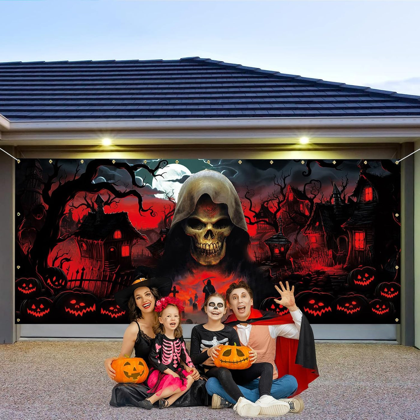 Trgowaul Happy Halloween Decorations - Black & Red Garage Door Cover, Large Grim Reaper Banner (16 * 7 ft) for Outdoor Parties & Photography Background - Backdrop BlissTrgowaul Happy Halloween Decorations - Black & Red Garage Door Cover, Large Grim Reaper Banner (16 * 7 ft) for Outdoor Parties & Photography Background