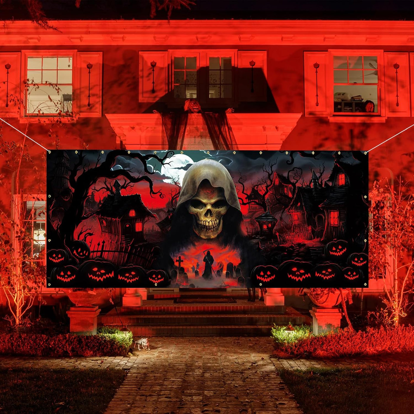 Trgowaul Happy Halloween Decorations - Black & Red Garage Door Cover, Large Grim Reaper Banner (16 * 7 ft) for Outdoor Parties & Photography Background - Backdrop BlissTrgowaul Happy Halloween Decorations - Black & Red Garage Door Cover, Large Grim Reaper Banner (16 * 7 ft) for Outdoor Parties & Photography Background