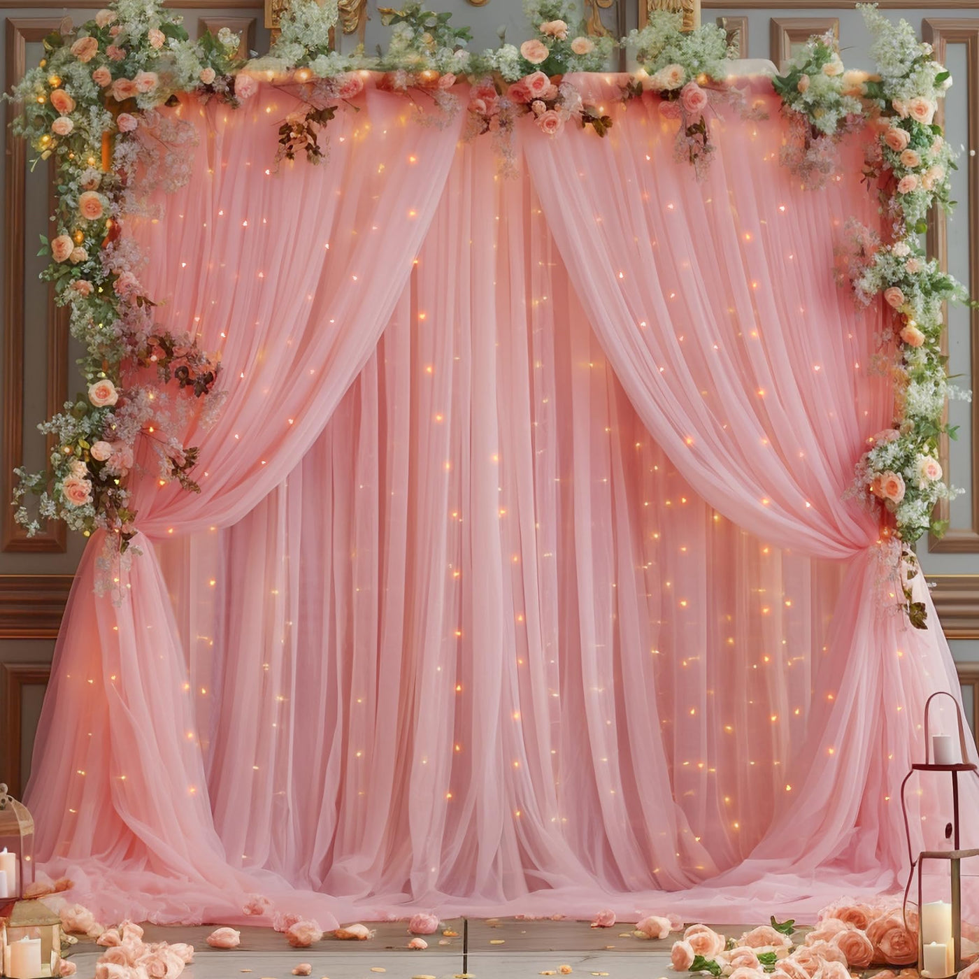 10x10ft Champagne Tulle Backdrop Curtain with Lights String for Parites, Sheer Backdrop Curtains for Wedding Baby Shower Birthday Party Photo Shoot Decorations - Backdrop Bliss10x10ft Champagne Tulle Backdrop Curtain with Lights String for Parites, Sheer Backdrop Curtains for Wedding Baby Shower Birthday Party Photo Shoot Decorations