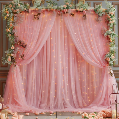 10x10ft Champagne Tulle Backdrop Curtain with Lights String for Parites, Sheer Backdrop Curtains for Wedding Baby Shower Birthday Party Photo Shoot Decorations - Backdrop Bliss10x10ft Champagne Tulle Backdrop Curtain with Lights String for Parites, Sheer Backdrop Curtains for Wedding Baby Shower Birthday Party Photo Shoot Decorations