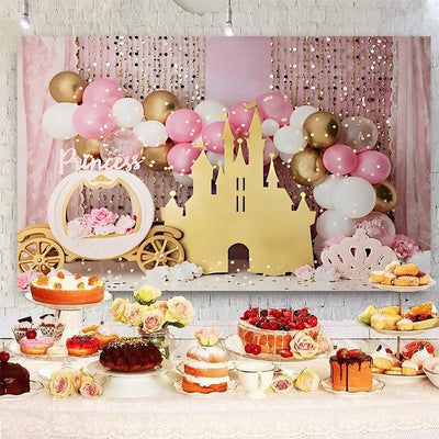 7x5ft Pink Balloons Princess Birthday Backdrop Sweet One Castle Photography Background Girls Happy Birthday Party Cake Table Banner Decorations Supplies Photo Booth Props Backdrop Bliss