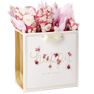 Hallmark Signature 7" Medium Birthday Gift Bag with Tissue Paper (Pink Flowers) Backdrop Bliss