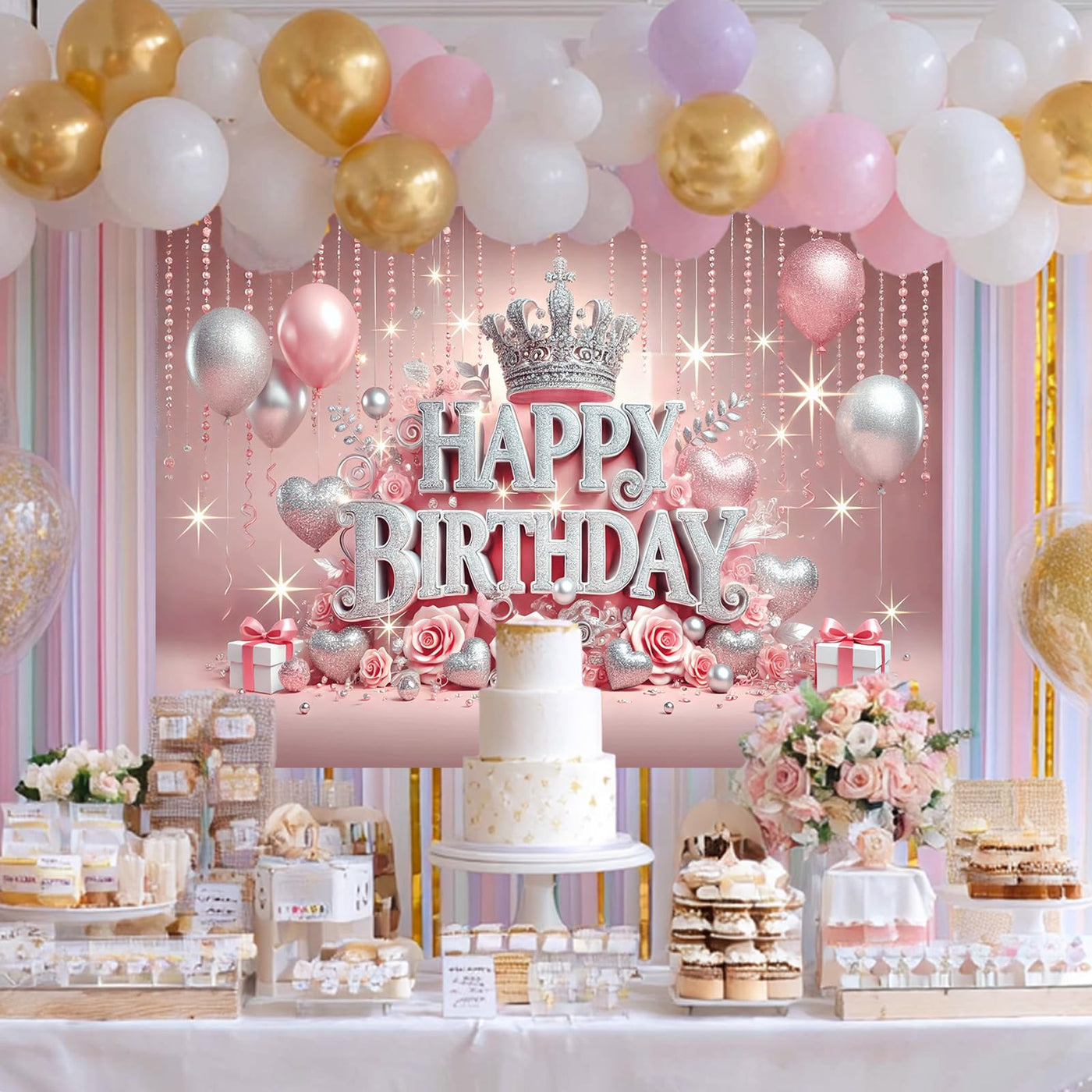 BlissYard Pink Princess Happy Birthday Backdrop 71x43 inch Glittering Silver Elegant Crown and Rose Banner Beautiful Girl's Birthday Photography Background Photo Studio Props Decoration Backdrop - Backdrop BlissBlissYard Pink Princess Happy Birthday Backdrop 71x43 inch Glittering Silver Elegant Crown and Rose Banner Beautiful Girl's Birthday Photography Background Photo Studio Props Decoration Backdrop