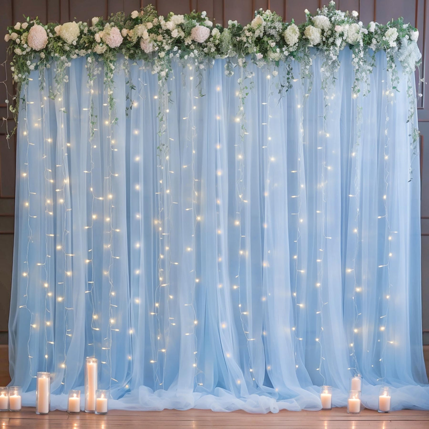 10x10ft Champagne Tulle Backdrop Curtain with Lights String for Parites, Sheer Backdrop Curtains for Wedding Baby Shower Birthday Party Photo Shoot Decorations - Backdrop Bliss10x10ft Champagne Tulle Backdrop Curtain with Lights String for Parites, Sheer Backdrop Curtains for Wedding Baby Shower Birthday Party Photo Shoot Decorations