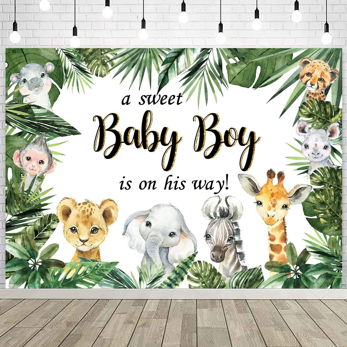 InMemory Jungle Safari Baby Shower Backdrop A Sweet Baby Boy is on His Way Wild Green Leaves Animals Cake Table Decorations Banner Photography Background 5x3ft - Backdrop BlissInMemory Jungle Safari Baby Shower Backdrop A Sweet Baby Boy is on His Way Wild Green Leaves Animals Cake Table Decorations Banner Photography Background 5x3ft
