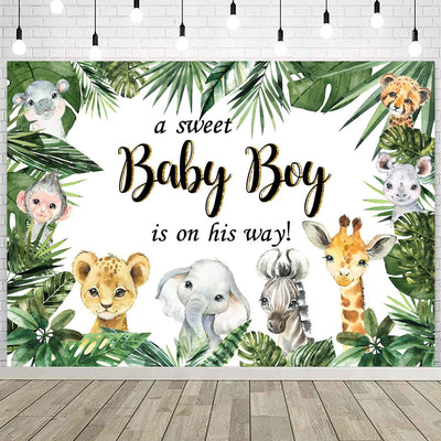 InMemory Jungle Safari Baby Shower Backdrop A Sweet Baby Boy is on His Way Wild Green Leaves Animals Cake Table Decorations Banner Photography Background 5x3ft - Backdrop BlissInMemory Jungle Safari Baby Shower Backdrop A Sweet Baby Boy is on His Way Wild Green Leaves Animals Cake Table Decorations Banner Photography Background 5x3ft