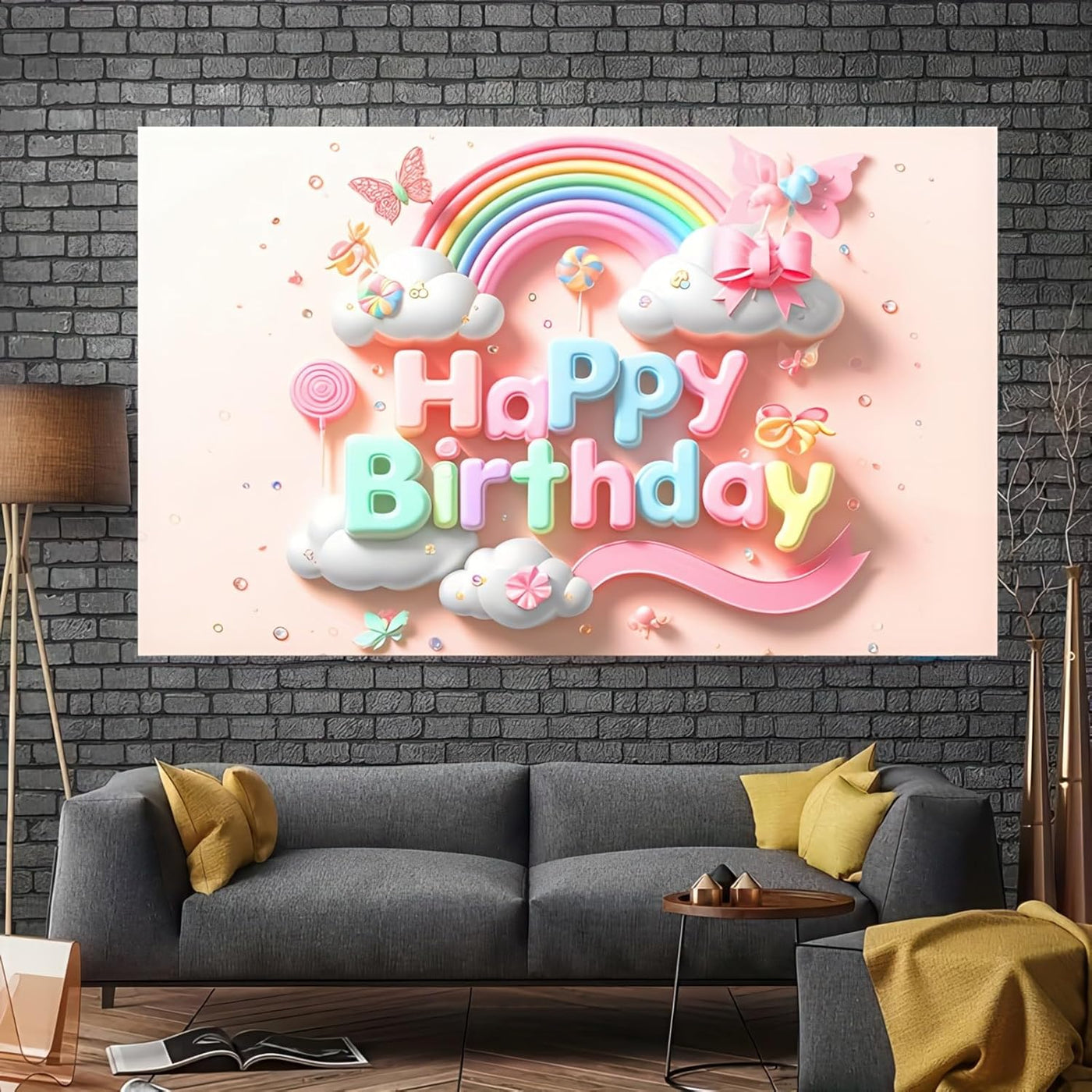 Rainbow Clouds and Butterfly Lollipop Birthday Banner - 71x43 Inch Polyester rainbow banner Photography Backdrop for Birthday Parties Celebrations Home and Garden Decor by Blissyard - Backdrop BlissRainbow Clouds and Butterfly Lollipop Birthday Banner - 71x43 Inch Polyester rainbow banner Photography Backdrop for Birthday Parties Celebrations Home and Garden Decor by Blissyard