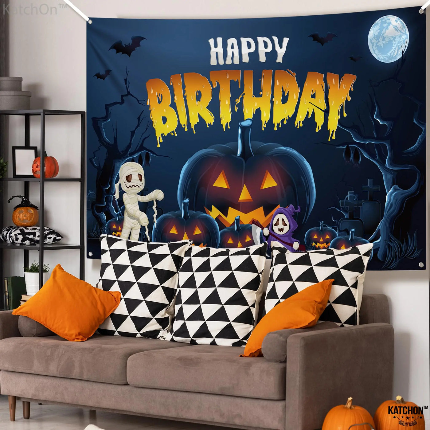 KatchOn XtraLarge Birthday Banner - 72x44 Inch | Happy Birthday Halloween Backdrop for Party Decorations | Jack O Lanterns Banner Backdrop Bliss