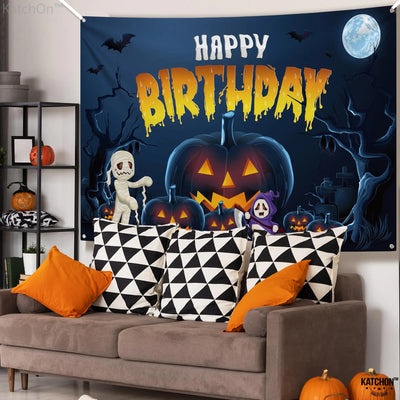 KatchOn XtraLarge Birthday Banner - 72x44 Inch | Happy Birthday Halloween Backdrop for Party Decorations | Jack O Lanterns Banner Backdrop Bliss