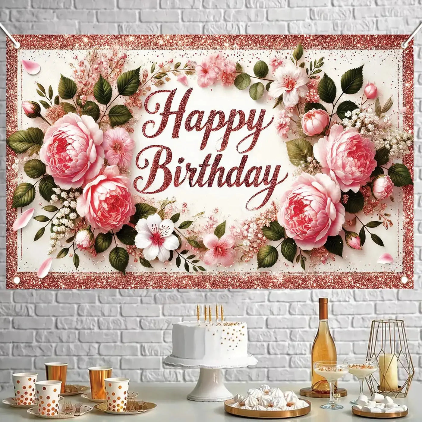 Happy Birthday Backdrop Banner Rose Gold Glitter Floral Photography Background for Women Girls Lady Wedding Baby Shower Birthday Supplies Photo Props Party Decorations Cake Table 6x4ft - Backdrop BlissHappy Birthday Backdrop Banner Rose Gold Glitter Floral Photography Background for Women Girls Lady Wedding Baby Shower Birthday Supplies Photo Props Party Decorations Cake Table 6x4ft