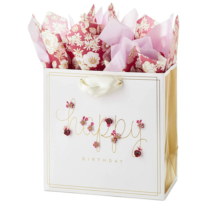 Hallmark Signature 7" Medium Birthday Gift Bag with Tissue Paper (Pink Flowers) Backdrop Bliss