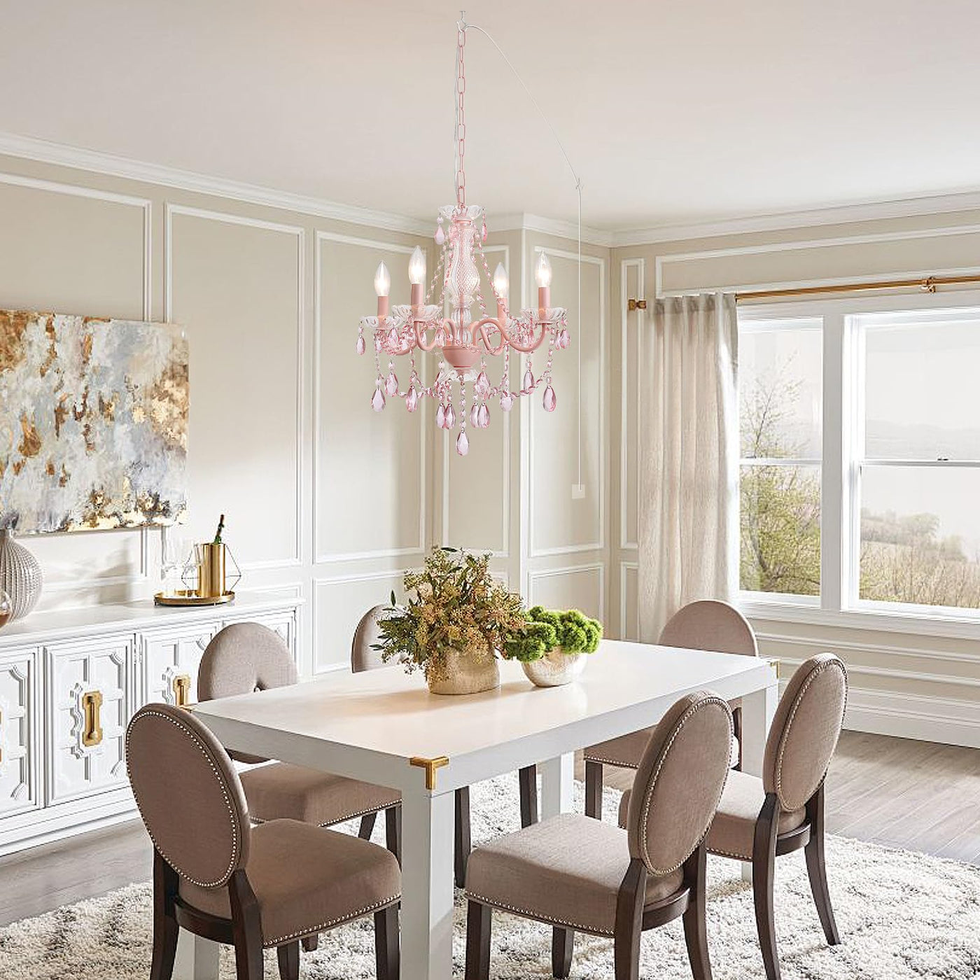 Plug in Crystal Ceramic White Chandelier, Glass Chandeliers,White crystal Hanging Pendant Light with Clear Cord and On/Off, 4 Light Crystal Chandelier for wedding, Kitchen, Dining,Foyer, Mini room Backdrop Bliss