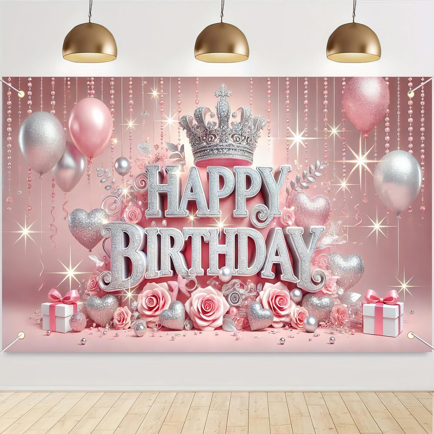 BlissYard Pink Princess Happy Birthday Backdrop 71x43 inch Glittering Silver Elegant Crown and Rose Banner Beautiful Girl's Birthday Photography Background Photo Studio Props Decoration Backdrop - Backdrop BlissBlissYard Pink Princess Happy Birthday Backdrop 71x43 inch Glittering Silver Elegant Crown and Rose Banner Beautiful Girl's Birthday Photography Background Photo Studio Props Decoration Backdrop