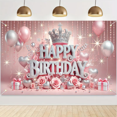 BlissYard Pink Princess Happy Birthday Backdrop 71x43 inch Glittering Silver Elegant Crown and Rose Banner Beautiful Girl's Birthday Photography Background Photo Studio Props Decoration Backdrop - Backdrop BlissBlissYard Pink Princess Happy Birthday Backdrop 71x43 inch Glittering Silver Elegant Crown and Rose Banner Beautiful Girl's Birthday Photography Background Photo Studio Props Decoration Backdrop