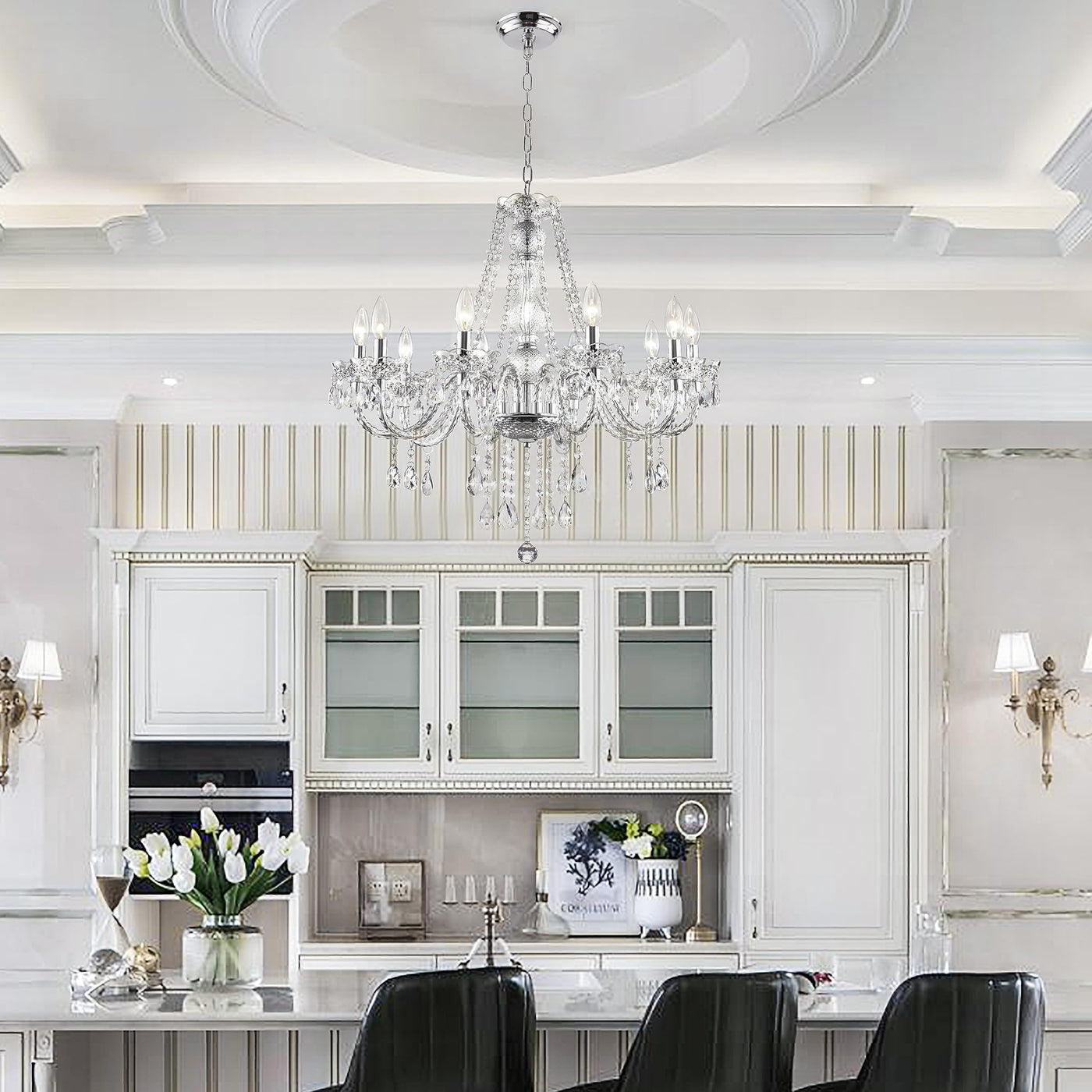 PAPAYA Modern Chrome Beaded Hanging Chandelier Shades (W8.7 x H13), Beads Pendant Shade with Acrylic Crystal, Ceiling Chandelier Beaded Lampshade for Wedding Party Event Home Decoration Backdrop Bliss