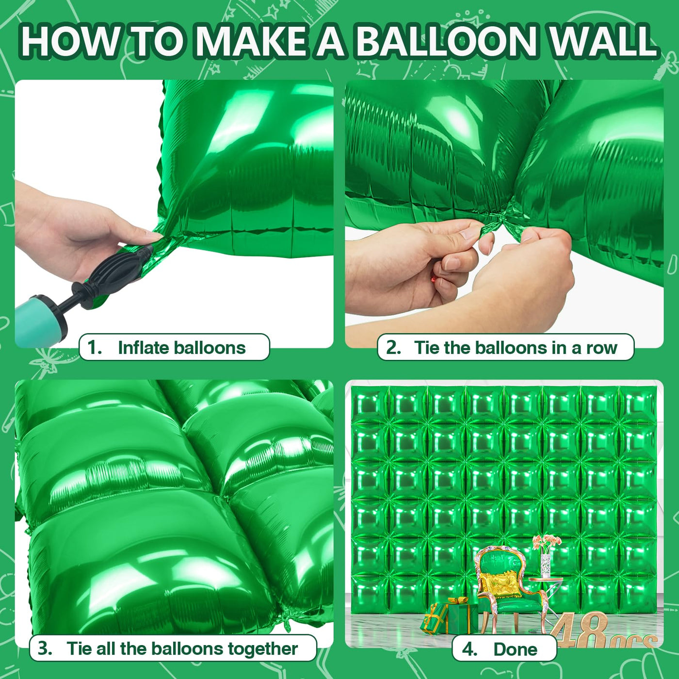 NISOCY 48PCS Green Square Foil Balloons Wall Backdrop Double Sided Green Balloons Tunnel Arch Kit for Baby Shower Birthday Anniversary Summer Party Decoration Backdrop Bliss