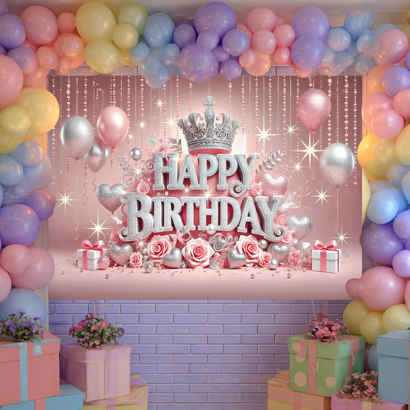 BlissYard Pink Princess Happy Birthday Backdrop 71x43 inch Glittering Silver Elegant Crown and Rose Banner Beautiful Girl's Birthday Photography Background Photo Studio Props Decoration Backdrop - Backdrop BlissBlissYard Pink Princess Happy Birthday Backdrop 71x43 inch Glittering Silver Elegant Crown and Rose Banner Beautiful Girl's Birthday Photography Background Photo Studio Props Decoration Backdrop