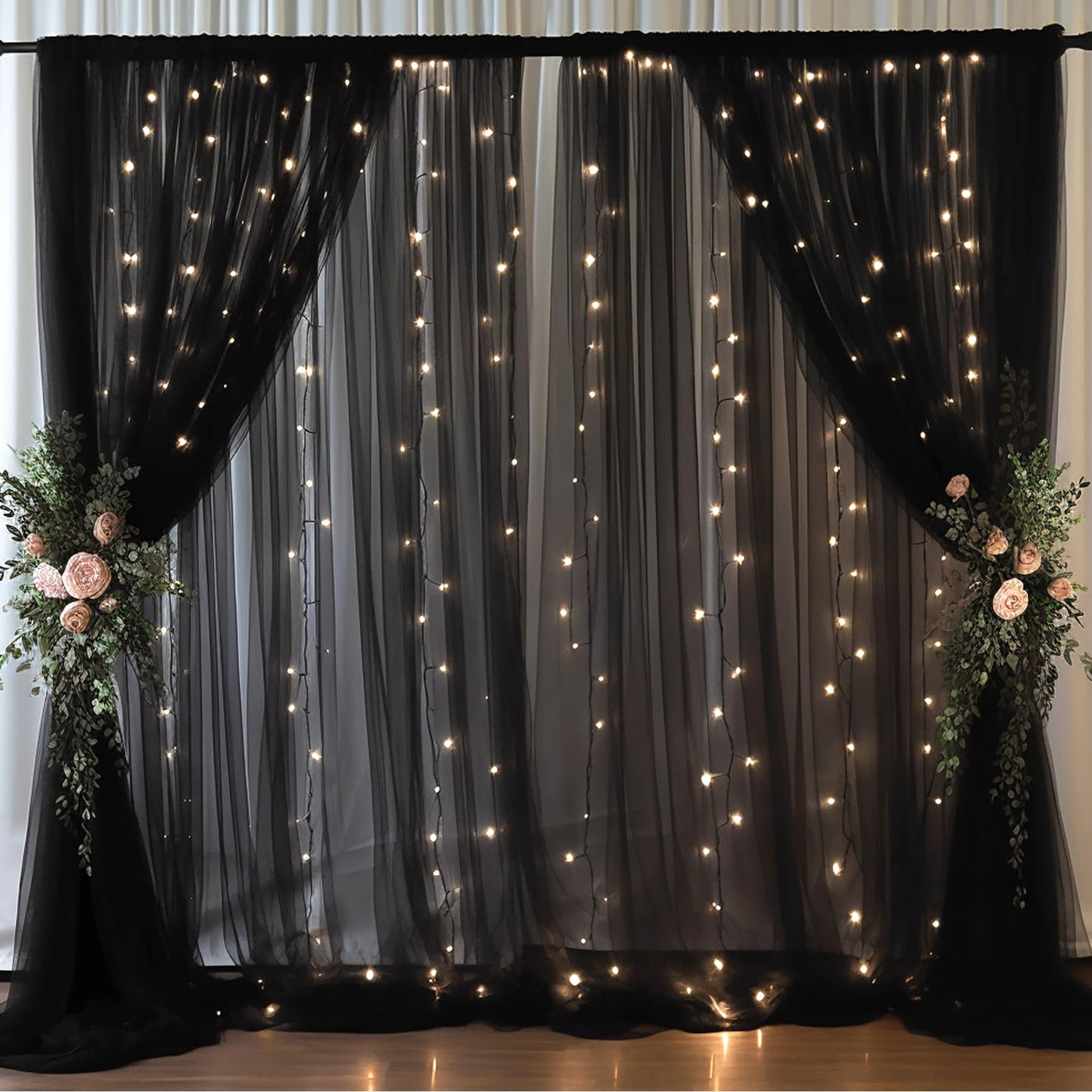 10x10ft Champagne Tulle Backdrop Curtain with Lights String for Parites, Sheer Backdrop Curtains for Wedding Baby Shower Birthday Party Photo Shoot Decorations - Backdrop Bliss10x10ft Champagne Tulle Backdrop Curtain with Lights String for Parites, Sheer Backdrop Curtains for Wedding Baby Shower Birthday Party Photo Shoot Decorations
