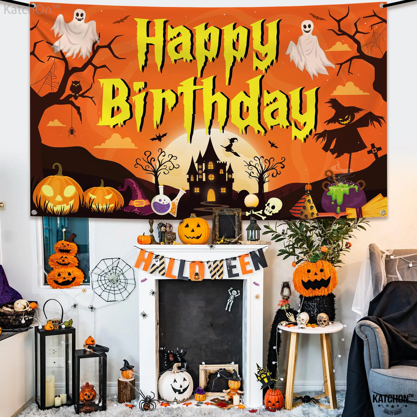 KatchOn XtraLarge Birthday Banner - 72x44 Inch | Happy Birthday Halloween Backdrop for Party Decorations | Jack O Lanterns Banner Backdrop Bliss
