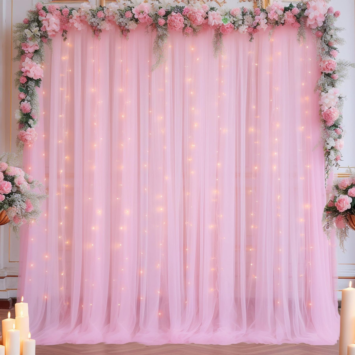 10x10ft Champagne Tulle Backdrop Curtain with Lights String for Parites, Sheer Backdrop Curtains for Wedding Baby Shower Birthday Party Photo Shoot Decorations - Backdrop Bliss10x10ft Champagne Tulle Backdrop Curtain with Lights String for Parites, Sheer Backdrop Curtains for Wedding Baby Shower Birthday Party Photo Shoot Decorations