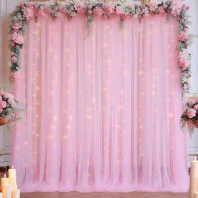 10x10ft Champagne Tulle Backdrop Curtain with Lights String for Parites, Sheer Backdrop Curtains for Wedding Baby Shower Birthday Party Photo Shoot Decorations - Backdrop Bliss10x10ft Champagne Tulle Backdrop Curtain with Lights String for Parites, Sheer Backdrop Curtains for Wedding Baby Shower Birthday Party Photo Shoot Decorations