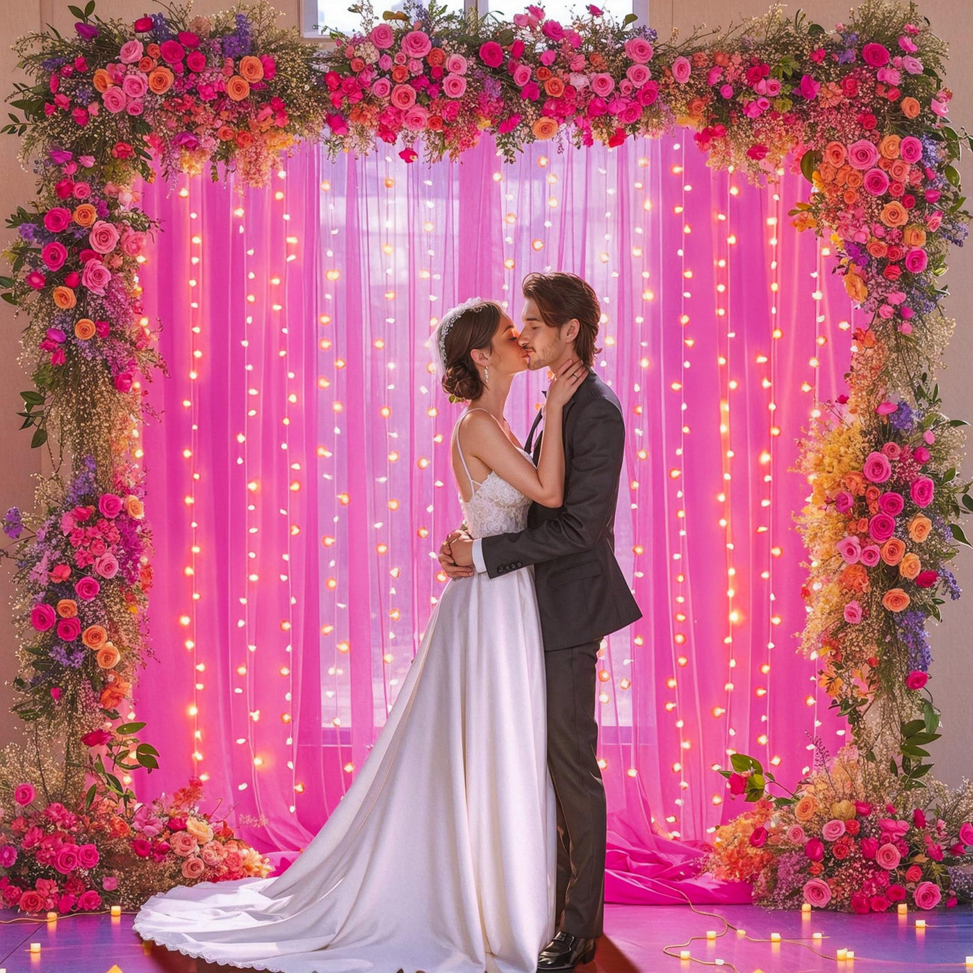 10x10ft Champagne Tulle Backdrop Curtain with Lights String for Parites, Sheer Backdrop Curtains for Wedding Baby Shower Birthday Party Photo Shoot Decorations - Backdrop Bliss10x10ft Champagne Tulle Backdrop Curtain with Lights String for Parites, Sheer Backdrop Curtains for Wedding Baby Shower Birthday Party Photo Shoot Decorations