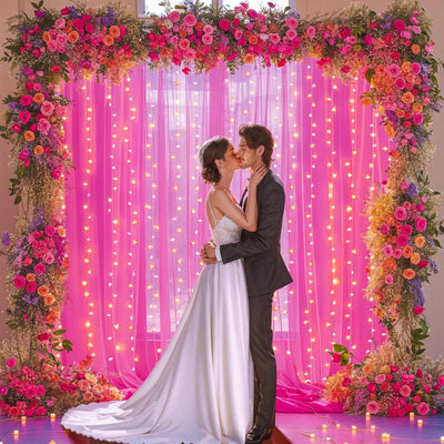 10x10ft Champagne Tulle Backdrop Curtain with Lights String for Parites, Sheer Backdrop Curtains for Wedding Baby Shower Birthday Party Photo Shoot Decorations - Backdrop Bliss10x10ft Champagne Tulle Backdrop Curtain with Lights String for Parites, Sheer Backdrop Curtains for Wedding Baby Shower Birthday Party Photo Shoot Decorations