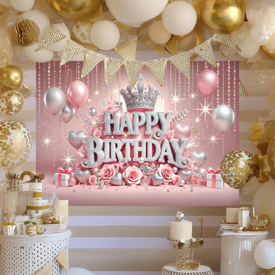 BlissYard Pink Princess Happy Birthday Backdrop 71x43 inch Glittering Silver Elegant Crown and Rose Banner Beautiful Girl's Birthday Photography Background Photo Studio Props Decoration Backdrop - Backdrop BlissBlissYard Pink Princess Happy Birthday Backdrop 71x43 inch Glittering Silver Elegant Crown and Rose Banner Beautiful Girl's Birthday Photography Background Photo Studio Props Decoration Backdrop