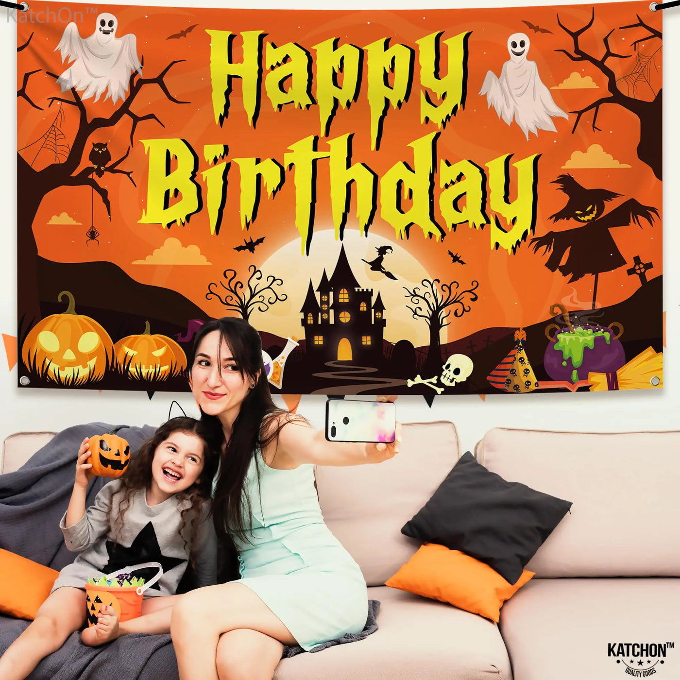 KatchOn XtraLarge Birthday Banner - 72x44 Inch | Happy Birthday Halloween Backdrop for Party Decorations | Jack O Lanterns Banner Backdrop Bliss