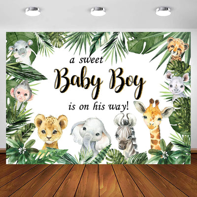 InMemory Jungle Safari Baby Shower Backdrop A Sweet Baby Boy is on His Way Wild Green Leaves Animals Cake Table Decorations Banner Photography Background 5x3ft - Backdrop BlissInMemory Jungle Safari Baby Shower Backdrop A Sweet Baby Boy is on His Way Wild Green Leaves Animals Cake Table Decorations Banner Photography Background 5x3ft