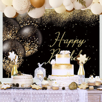 Happy Birthday Backdrop Black and Gold Glitter Bokeh Balloons Photography Background Birthday Party Golden Sparkle Bday Banner Decorations Supplies Photo Booth Studio Props Soft Fabric 7x5ft - Backdrop BlissHappy Birthday Backdrop Black and Gold Glitter Bokeh Balloons Photography Background Birthday Party Golden Sparkle Bday Banner Decorations Supplies Photo Booth Studio Props Soft Fabric 7x5ft