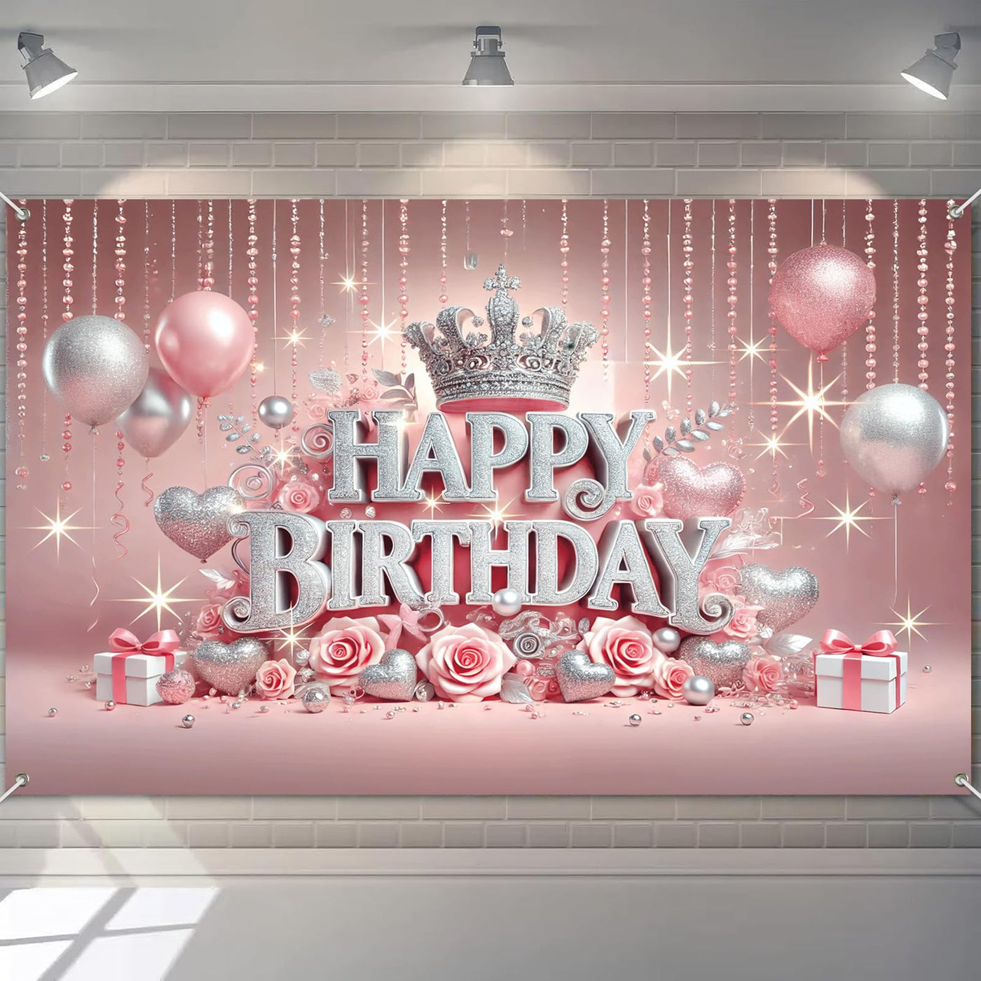 BlissYard Pink Princess Happy Birthday Backdrop 71x43 inch Glittering Silver Elegant Crown and Rose Banner Beautiful Girl's Birthday Photography Background Photo Studio Props Decoration Backdrop - Backdrop BlissBlissYard Pink Princess Happy Birthday Backdrop 71x43 inch Glittering Silver Elegant Crown and Rose Banner Beautiful Girl's Birthday Photography Background Photo Studio Props Decoration Backdrop