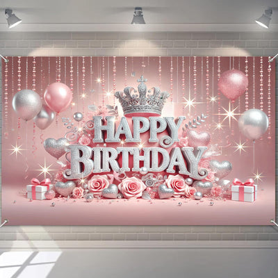 BlissYard Pink Princess Happy Birthday Backdrop 71x43 inch Glittering Silver Elegant Crown and Rose Banner Beautiful Girl's Birthday Photography Background Photo Studio Props Decoration Backdrop - Backdrop BlissBlissYard Pink Princess Happy Birthday Backdrop 71x43 inch Glittering Silver Elegant Crown and Rose Banner Beautiful Girl's Birthday Photography Background Photo Studio Props Decoration Backdrop