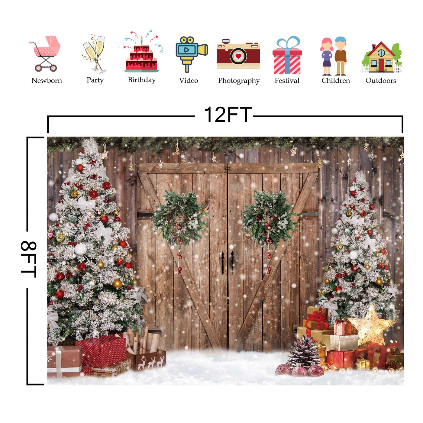10x8FT Polyester Fabric Winter Christmas Rustic Barn Wood Door Photography Backdrop Xmas Tree Snow Background Banner for Family Holiday Party Decoration Supplies Photo Studio Props Pictures - Backdrop Bliss10x8FT Polyester Fabric Winter Christmas Rustic Barn Wood Door Photography Backdrop Xmas Tree Snow Background Banner for Family Holiday Party Decoration Supplies Photo Studio Props Pictures