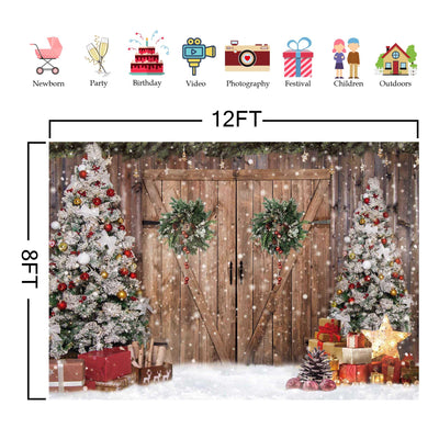 10x8FT Polyester Fabric Winter Christmas Rustic Barn Wood Door Photography Backdrop Xmas Tree Snow Background Banner for Family Holiday Party Decoration Supplies Photo Studio Props Pictures - Backdrop Bliss10x8FT Polyester Fabric Winter Christmas Rustic Barn Wood Door Photography Backdrop Xmas Tree Snow Background Banner for Family Holiday Party Decoration Supplies Photo Studio Props Pictures