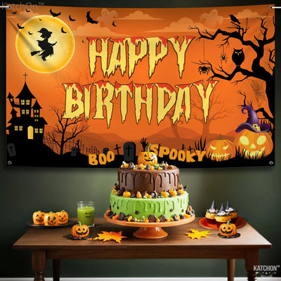 KatchOn XtraLarge Birthday Banner - 72x44 Inch | Happy Birthday Halloween Backdrop for Party Decorations | Jack O Lanterns Banner Backdrop Bliss