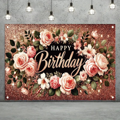 Happy Birthday Backdrop Banner Rose Gold Glitter Floral Photography Background for Women Girls Lady Wedding Baby Shower Birthday Supplies Photo Props Party Decorations Cake Table 6x4ft - Backdrop BlissHappy Birthday Backdrop Banner Rose Gold Glitter Floral Photography Background for Women Girls Lady Wedding Baby Shower Birthday Supplies Photo Props Party Decorations Cake Table 6x4ft
