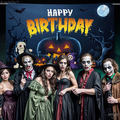 KatchOn XtraLarge Birthday Banner - 72x44 Inch | Happy Birthday Halloween Backdrop for Party Decorations | Jack O Lanterns Banner Backdrop Bliss