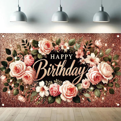 Happy Birthday Backdrop Banner Rose Gold Glitter Floral Photography Background for Women Girls Lady Wedding Baby Shower Birthday Supplies Photo Props Party Decorations Cake Table 6x4ft - Backdrop BlissHappy Birthday Backdrop Banner Rose Gold Glitter Floral Photography Background for Women Girls Lady Wedding Baby Shower Birthday Supplies Photo Props Party Decorations Cake Table 6x4ft