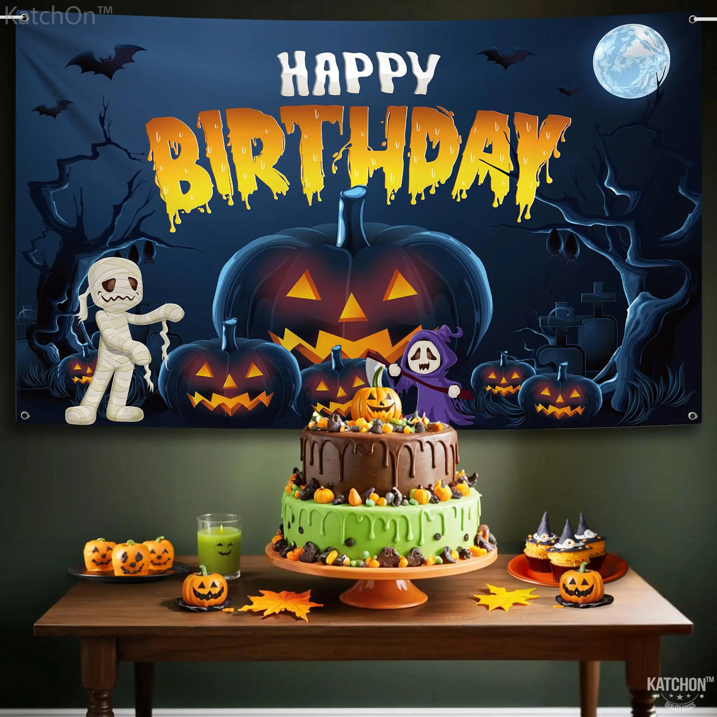 KatchOn XtraLarge Birthday Banner - 72x44 Inch | Happy Birthday Halloween Backdrop for Party Decorations | Jack O Lanterns Banner Backdrop Bliss