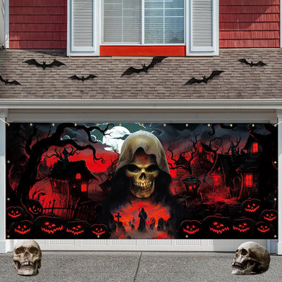 Trgowaul Happy Halloween Decorations - Black & Red Garage Door Cover, Large Grim Reaper Banner (16 * 7 ft) for Outdoor Parties & Photography Background - Backdrop BlissTrgowaul Happy Halloween Decorations - Black & Red Garage Door Cover, Large Grim Reaper Banner (16 * 7 ft) for Outdoor Parties & Photography Background