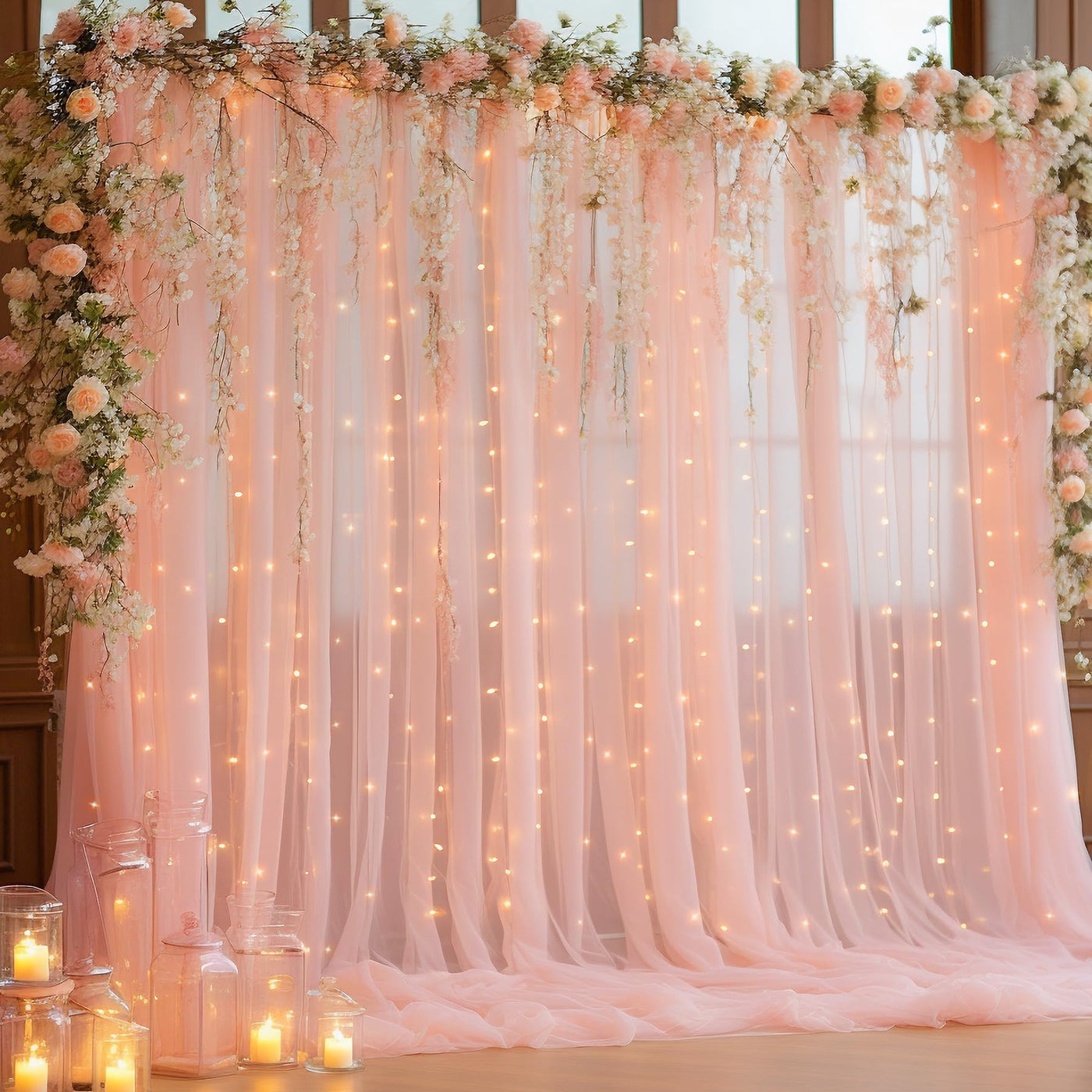 10x10ft Champagne Tulle Backdrop Curtain with Lights String for Parites, Sheer Backdrop Curtains for Wedding Baby Shower Birthday Party Photo Shoot Decorations - Backdrop Bliss10x10ft Champagne Tulle Backdrop Curtain with Lights String for Parites, Sheer Backdrop Curtains for Wedding Baby Shower Birthday Party Photo Shoot Decorations