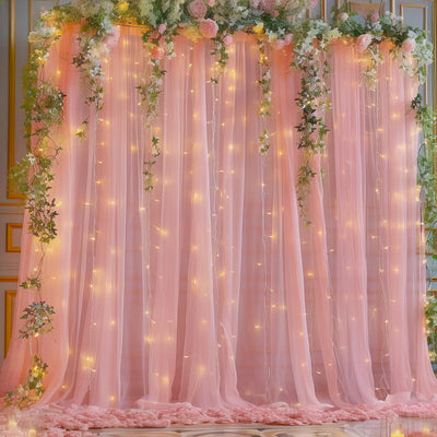 10x10ft Champagne Tulle Backdrop Curtain with Lights String for Parites, Sheer Backdrop Curtains for Wedding Baby Shower Birthday Party Photo Shoot Decorations - Backdrop Bliss10x10ft Champagne Tulle Backdrop Curtain with Lights String for Parites, Sheer Backdrop Curtains for Wedding Baby Shower Birthday Party Photo Shoot Decorations