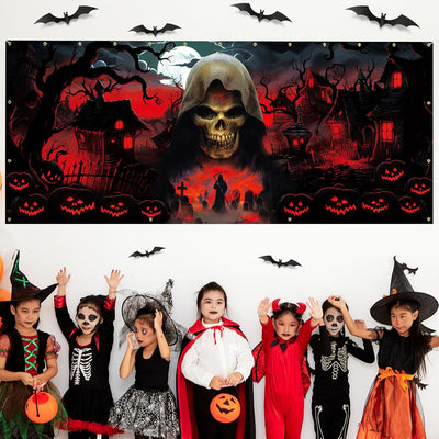 Trgowaul Happy Halloween Decorations - Black & Red Garage Door Cover, Large Grim Reaper Banner (16 * 7 ft) for Outdoor Parties & Photography Background - Backdrop BlissTrgowaul Happy Halloween Decorations - Black & Red Garage Door Cover, Large Grim Reaper Banner (16 * 7 ft) for Outdoor Parties & Photography Background