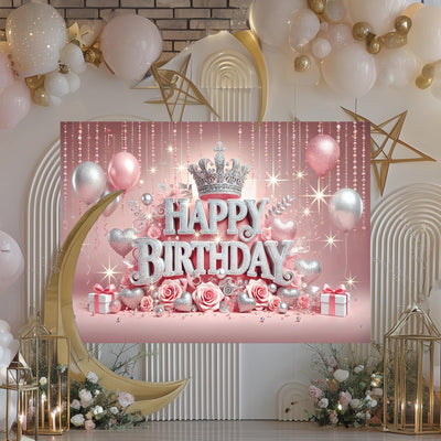 BlissYard Pink Princess Happy Birthday Backdrop 71x43 inch Glittering Silver Elegant Crown and Rose Banner Beautiful Girl's Birthday Photography Background Photo Studio Props Decoration Backdrop - Backdrop BlissBlissYard Pink Princess Happy Birthday Backdrop 71x43 inch Glittering Silver Elegant Crown and Rose Banner Beautiful Girl's Birthday Photography Background Photo Studio Props Decoration Backdrop