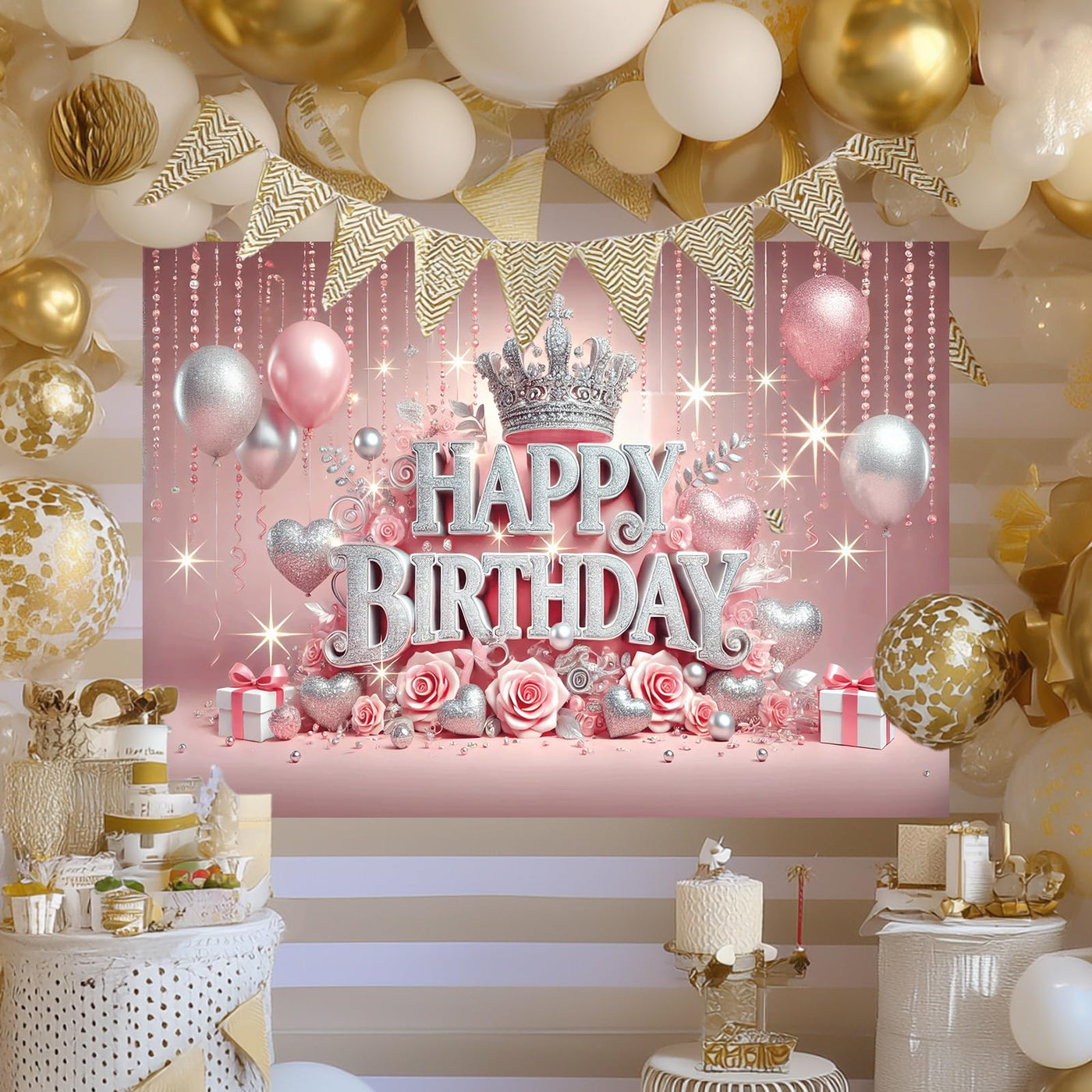 BlissYard Pink Princess Happy Birthday Backdrop 71x43 inch Glittering Silver Elegant Crown and Rose Banner Beautiful Girl's Birthday Photography Background Photo Studio Props Decoration Backdrop - Backdrop BlissBlissYard Pink Princess Happy Birthday Backdrop 71x43 inch Glittering Silver Elegant Crown and Rose Banner Beautiful Girl's Birthday Photography Background Photo Studio Props Decoration Backdrop