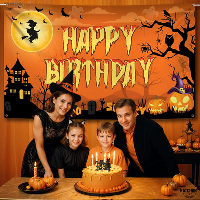 KatchOn XtraLarge Birthday Banner - 72x44 Inch | Happy Birthday Halloween Backdrop for Party Decorations | Jack O Lanterns Banner Backdrop Bliss