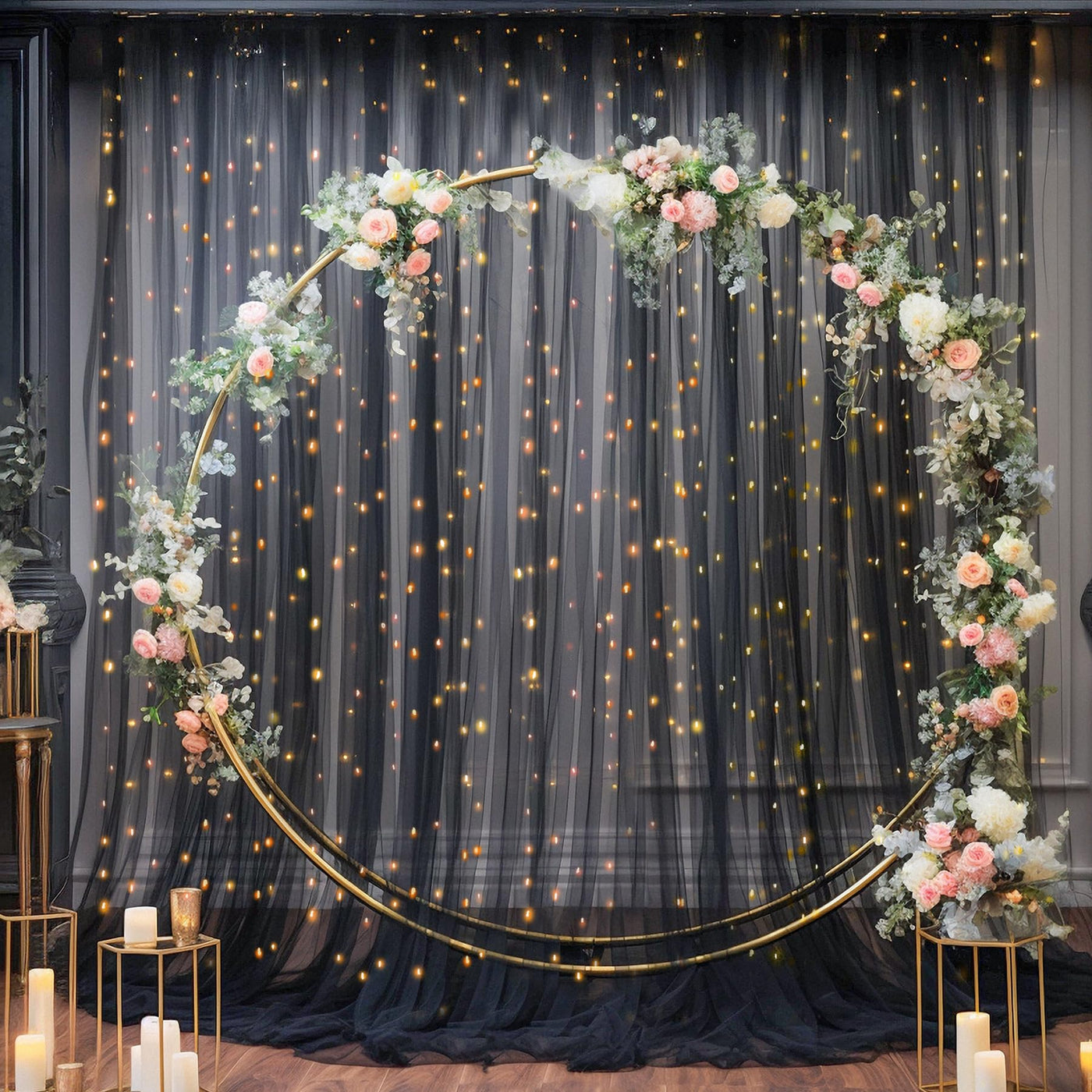 10x10ft Champagne Tulle Backdrop Curtain with Lights String for Parites, Sheer Backdrop Curtains for Wedding Baby Shower Birthday Party Photo Shoot Decorations - Backdrop Bliss10x10ft Champagne Tulle Backdrop Curtain with Lights String for Parites, Sheer Backdrop Curtains for Wedding Baby Shower Birthday Party Photo Shoot Decorations