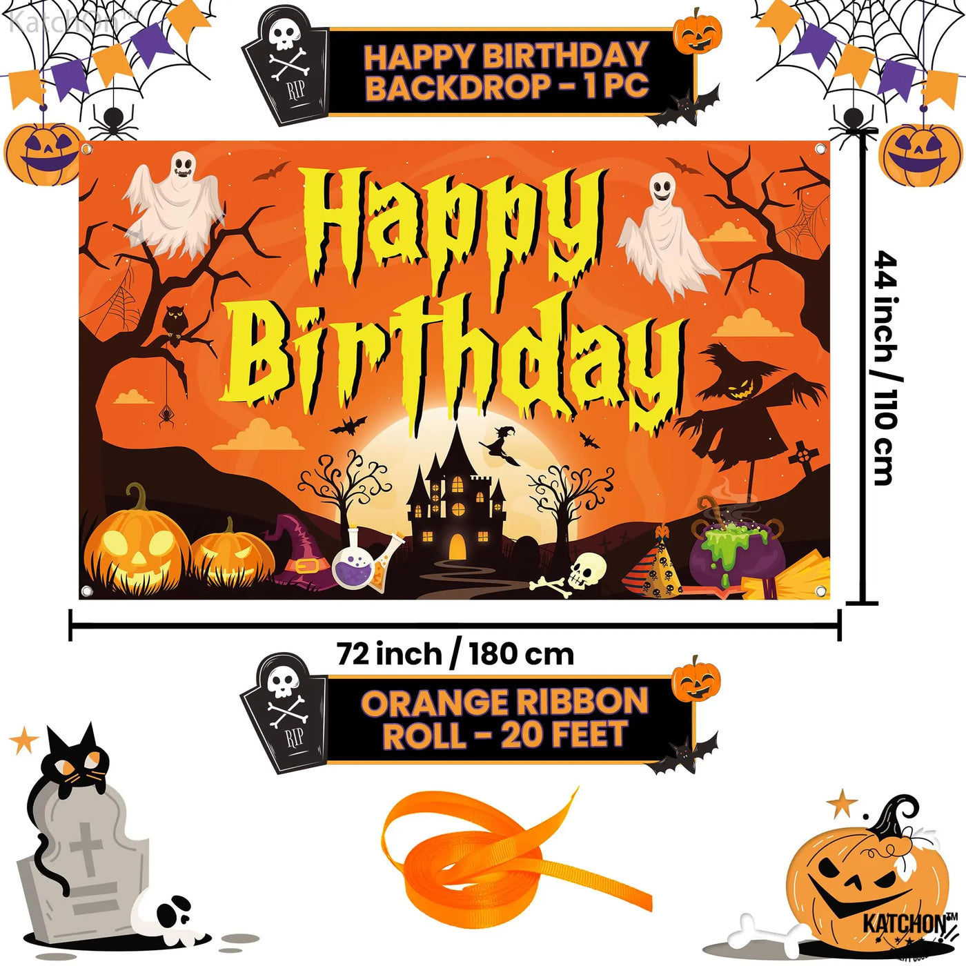 KatchOn XtraLarge Birthday Banner - 72x44 Inch | Happy Birthday Halloween Backdrop for Party Decorations | Jack O Lanterns Banner Backdrop Bliss