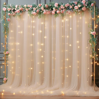10x10ft Champagne Tulle Backdrop Curtain with Lights String for Parites, Sheer Backdrop Curtains for Wedding Baby Shower Birthday Party Photo Shoot Decorations - Backdrop Bliss10x10ft Champagne Tulle Backdrop Curtain with Lights String for Parites, Sheer Backdrop Curtains for Wedding Baby Shower Birthday Party Photo Shoot Decorations
